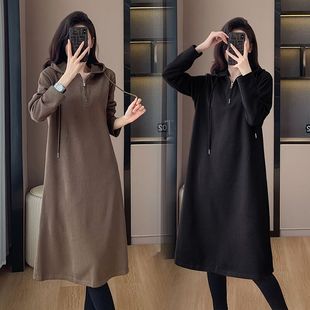 Real Shot of Maternity Wear for Autumn and Winter, Featuring a Casual and Relaxed Style, Long Hooded Sweatshirt Dress, New Autumn and Winter Model