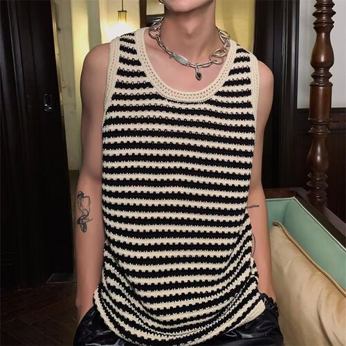 Men's Summer American Retro Striped Design Loose Unisex Versatile Sleeveless Cardigan T-shirt with Lattice Knit