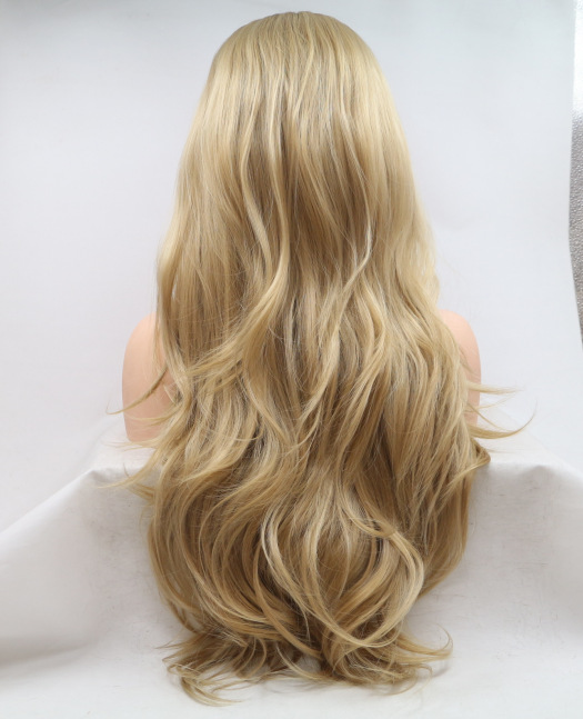 Peluca de seda de alta temperatura de fibra química al por mayor de fábrica de oro, fibra química de encaje frontal europea y americana LW0276