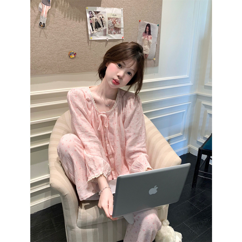 2025 甜美粉色少女蕾丝拼接花边家居服睡衣套装|undefined