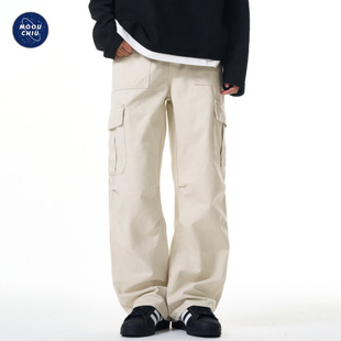Muqiu Men's Wear ∠ Rice White Trendy Brand Crane Pants Men's American Style High Street Loose Straight Wide Leg Paratrooper Casual Pants