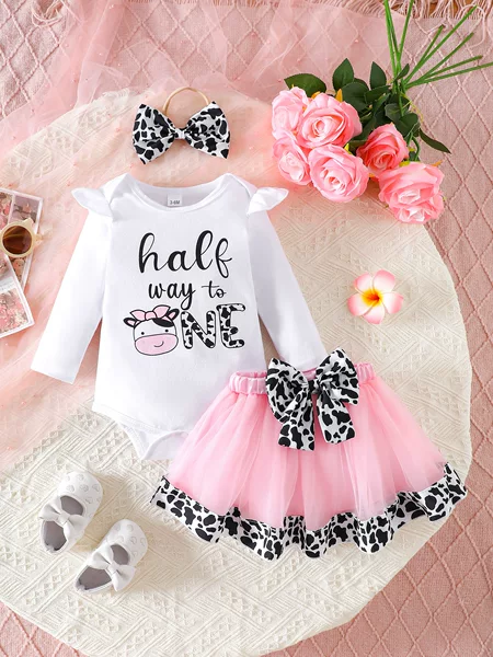 Cross-border European and American Baby Girl's Birthday Party Long Sleeve Cow Printed Hats Tutu Tutu Skirt suit