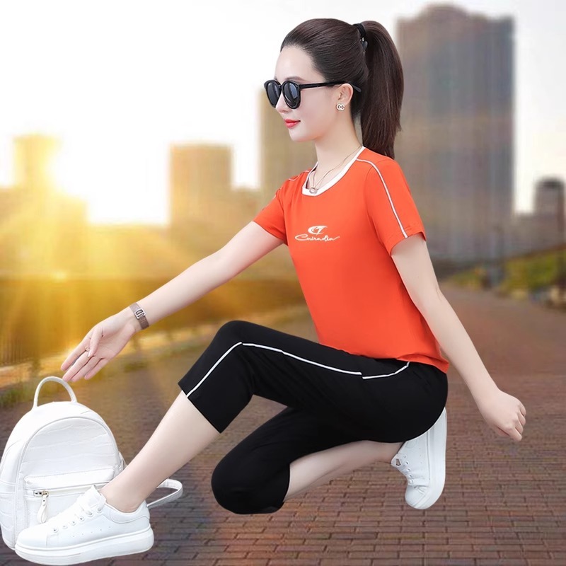 纯棉运动套装女夏季薄款2025新款休闲跑步健身服短袖七分裤两件套|undefined