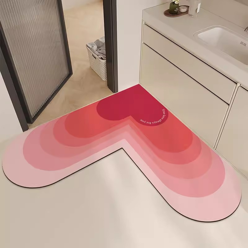 L-Shaped Red Heart-Shaped Foot Mat for Bathroom and Restroom Entrance, Water-Absorbent, Non-Slip, Dirt-Resistant Mat, Festive Wedding Red Floor Mat