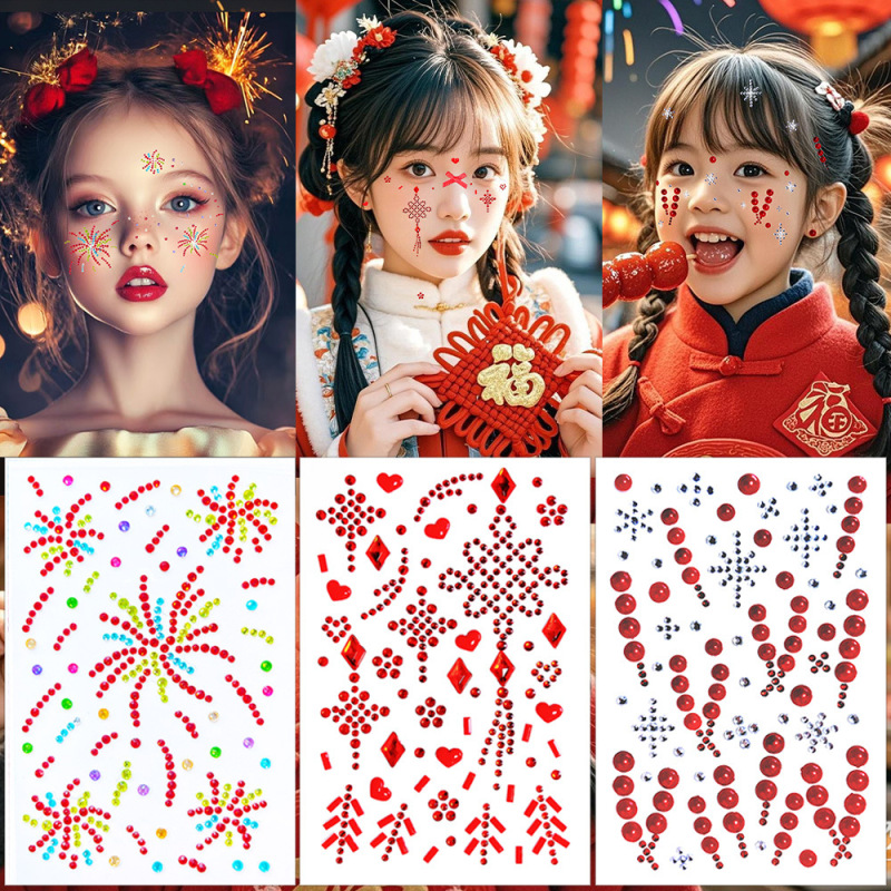 New Year Face Stickers 2026 Fireworks Festive New Year Chinese Knot Makeup Firecracker Makeup for a Good Start to the Year Blessing Activities Fireworks