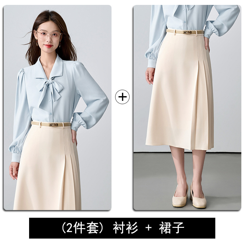 蝴蝶结蓝色衬衫女2025春秋新款通勤穿搭法式面试长袖衬衣职业上衣|undefined