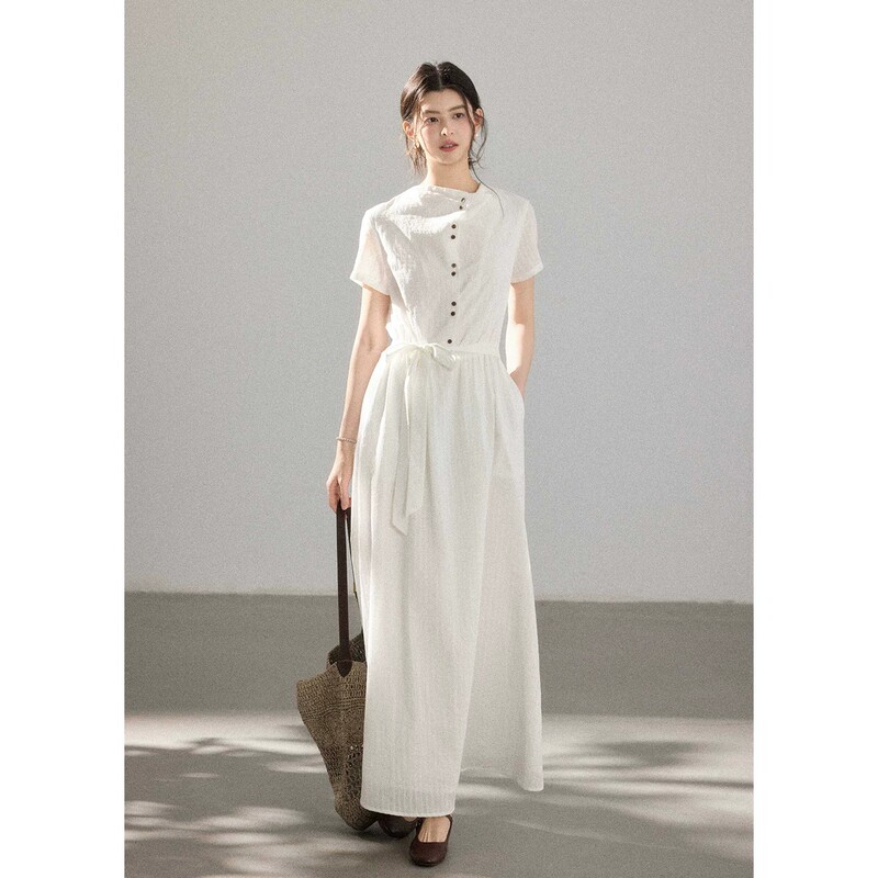Eryang Design【Spring Return】100% Cotton Minimalist Commuter Style Dress for Women with Stand Collar, Buttoned High Waist Long Dress