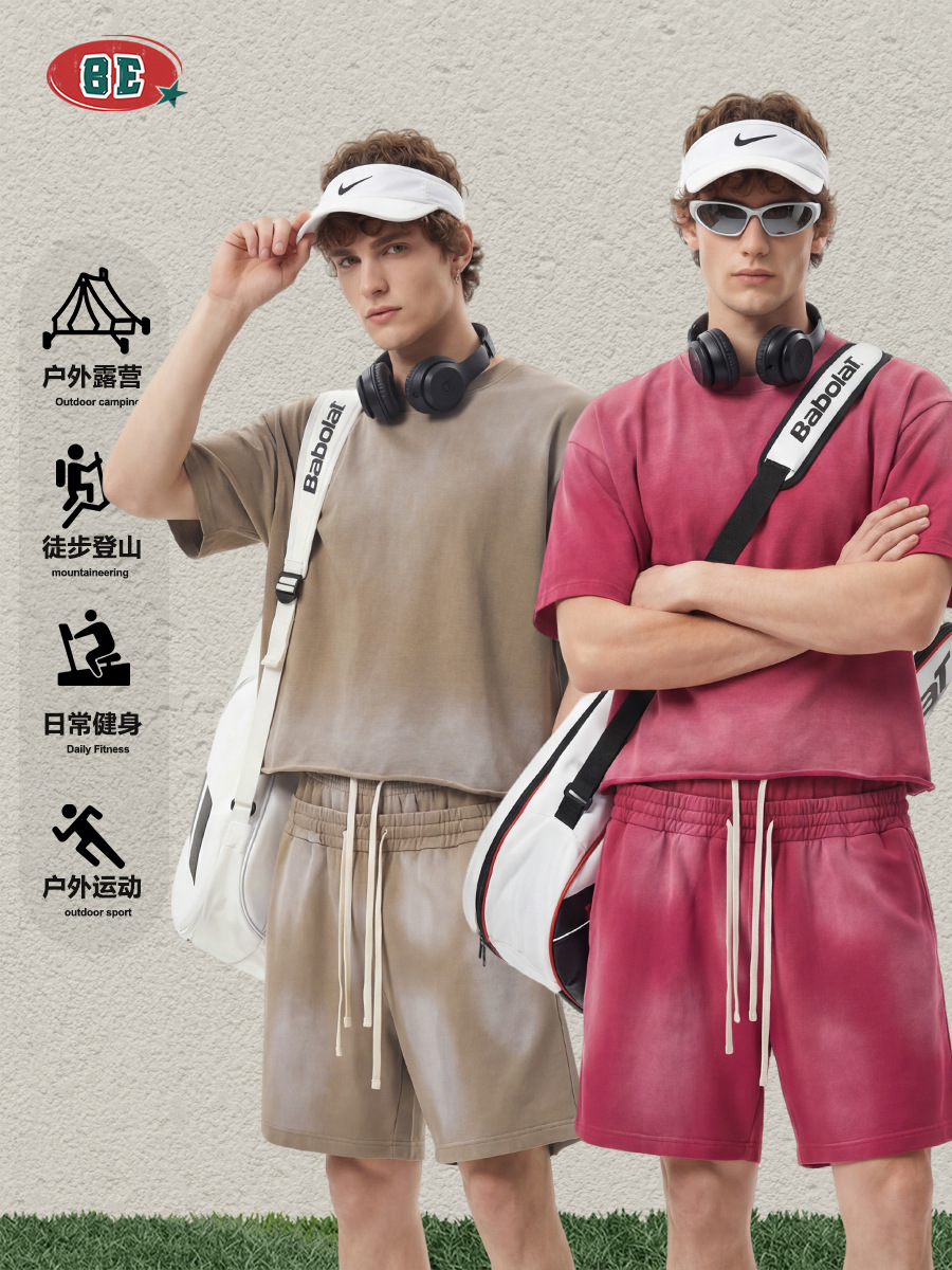 BE hombre americano retro callejera suelta boxy mangas cortas rectas de cintura doble cabeza pantalones cortos de dos piezas de juego de deportes al aire libre