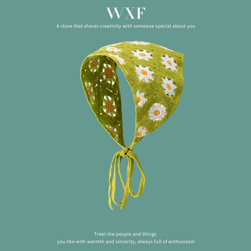 Francés vintage turbante mujer turbante triángulo de dopamina viaje dulce encantador gancho flores estilo de arte de punto de moda correa de pelo
