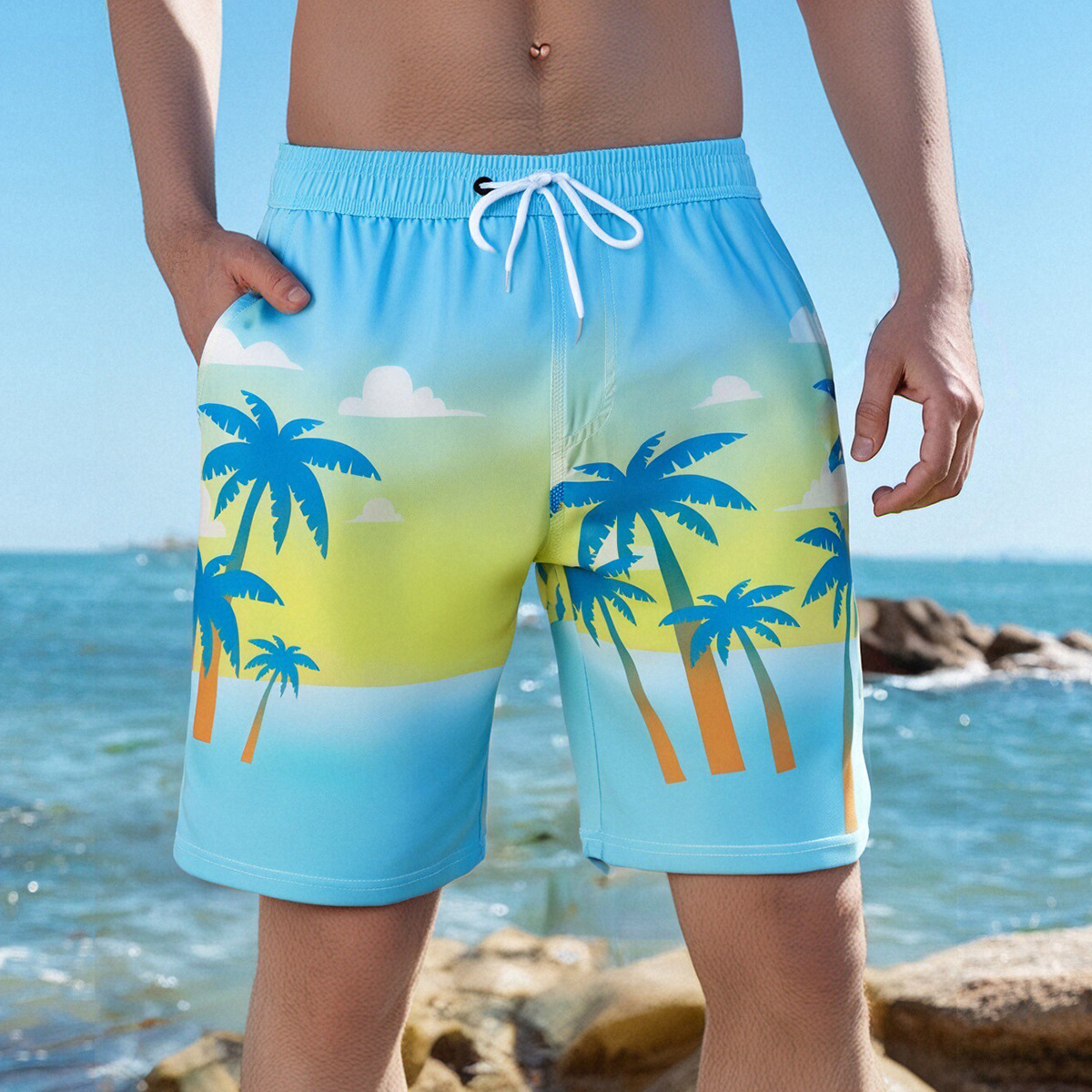 Pantalones de playa de hombre transfronterizos impresión de color gradiente tela elástica doble capa anti-avergonzamiento natación rápida secado deportivo pantalones cortos casuales
