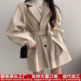Women's Clothing Factory Autumn and Winter Loose Wind Coat Women's Woolen Wear Collar Mid-length Woolen Coat for Small Women