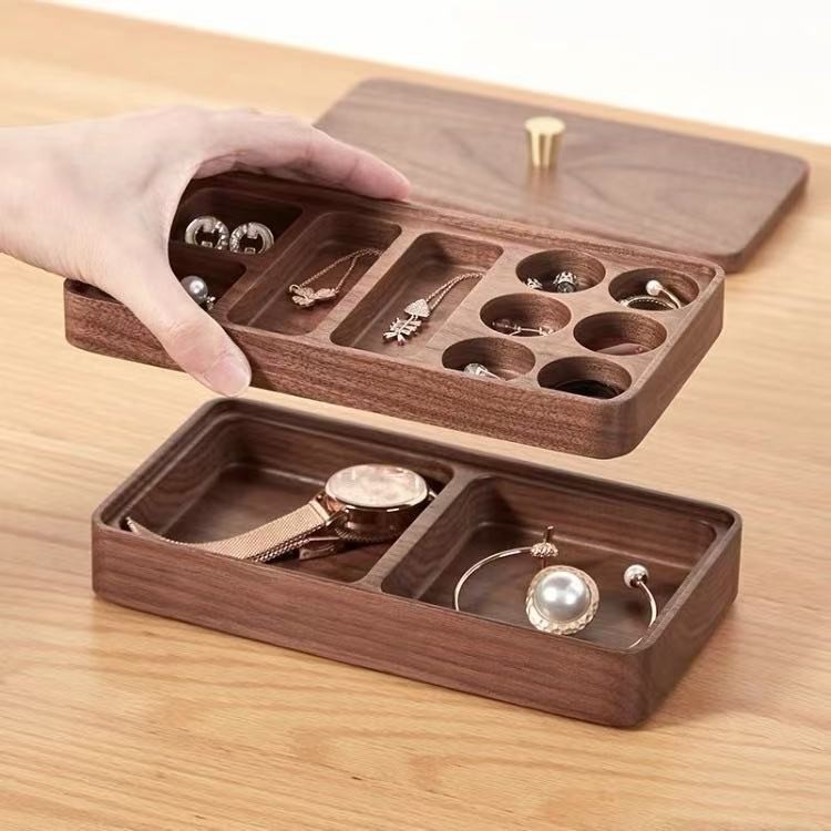 Solid Wood Double-Layer Jewelry Box, Multi-Layer Jewelry Ring Storage Box, Divided Wooden Box with Lid, Watch Necklace Storage Box