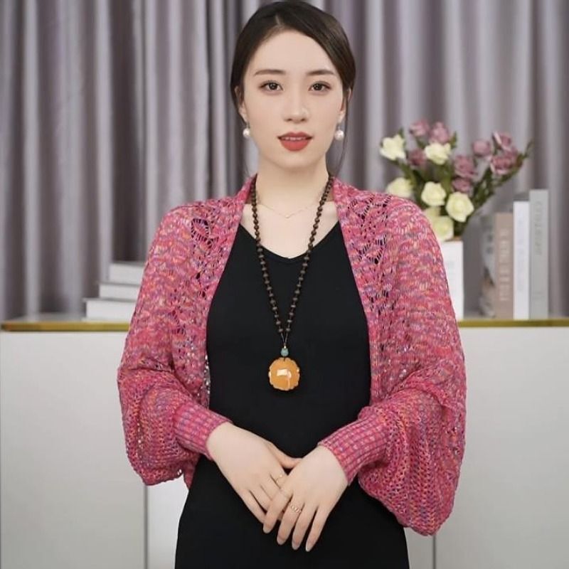 新型韓国版百合サテンカラー透かし彫り長袖ストール女性夏氷糸エアコンルームストール頚椎カーディガン肩|undefined
