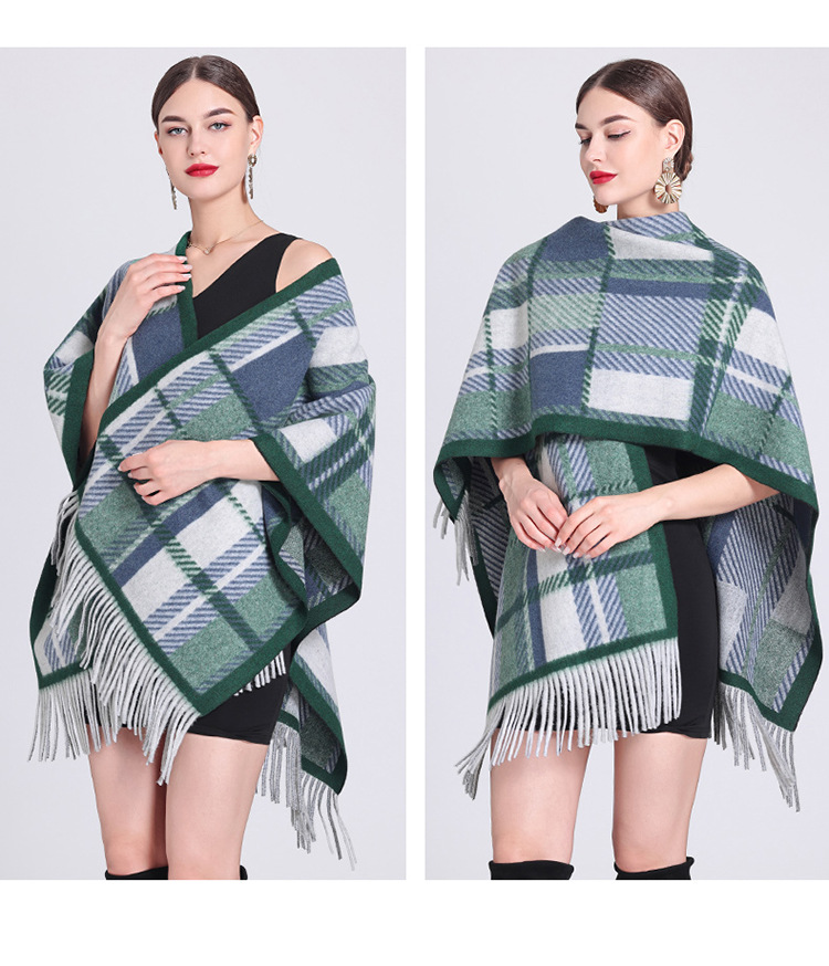 Schalumhang Damen karierte Strickjacke mit Fransen karierter Umhang Schal Wollmantel_voghion.com