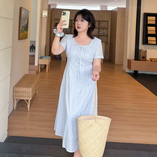 沐钧大码蕾丝花边大圆领连衣裙2026夏季新款收腰甜美绣花裙254859