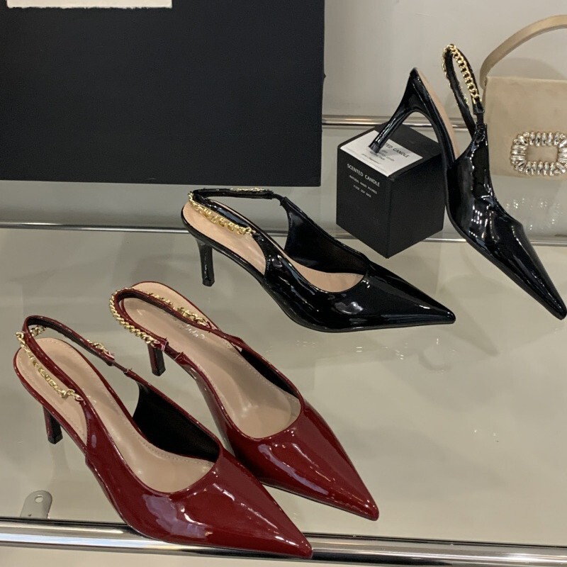 Sheepskin version ~ red wedding shoes temperament socialite high heels women's 2025 pointed stiletto heel chain back empty toe sandals