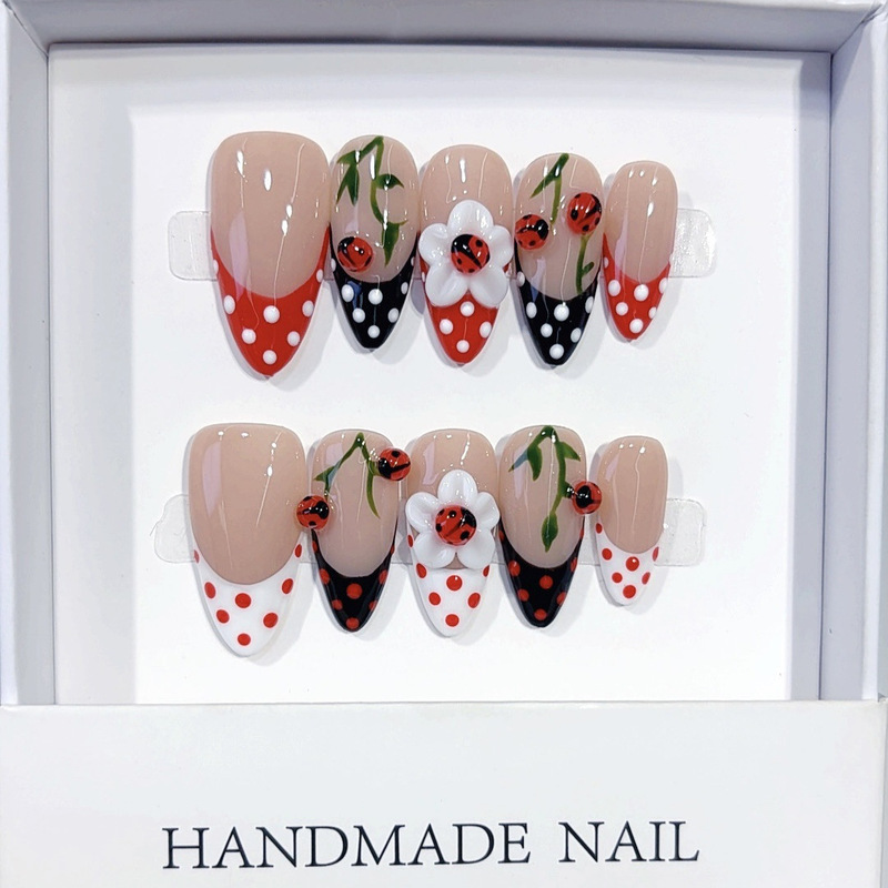 European and American Popular Multi-Color Burgundy Polka Dot Almond Nail Stickers, French Retro Handmade Wearable Nail Pieces with a High-End Feel European and American Popular Multi-Color Burgundy Polka Dot Almond Nail Stickers, French Retro Handmade Wearable Nail Pieces with a High-End Feel