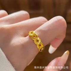 新款碎碎冰铜钱戒指女新中式招财五帝钱币越南沙金开口可调节指环