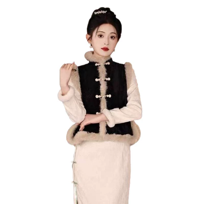 Retro cheongsam, black warm vest sleevless, jacket, Chinese style