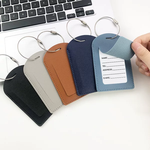Cross-border orderable LOGO thickened pu leather with printed paper card label stainless steel lanyard husband and wife aircraft luggage tag
