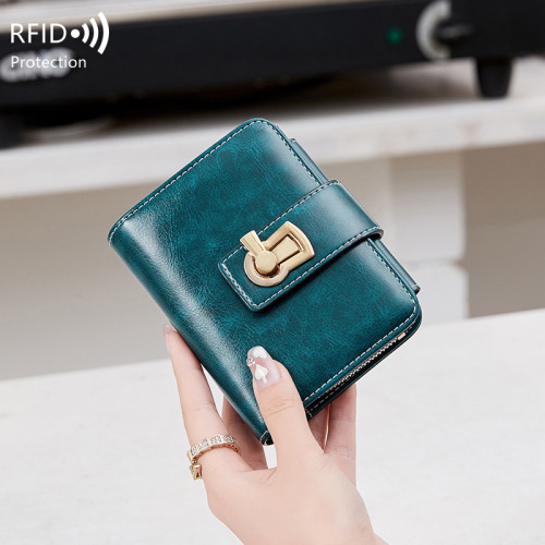 Cross-border  new RFID anti-theft brush women's zipper card holder, small wallet with lock fastener, tri-fold short wallet