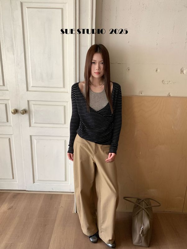 SUE辣妹风假两件挂脖长袖针织衫女秋季新款撞色条纹显瘦上衣37119|undefined