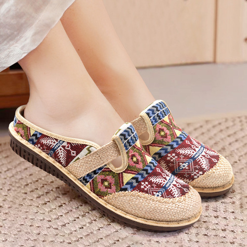 Cloth shoes  breathable new style flat bottom old Beijing women's shoes linen toe embroidered shoes ethnic style half drag Hanfu shoes