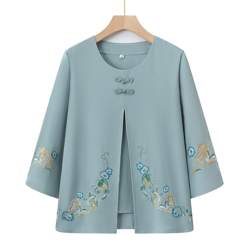 Среднего и пожилого возраста 2025 новый весенний и осенний топ свободная бабушка с девятью рукавами маленькая рубашка средней и пожилой женщины поддельные две части