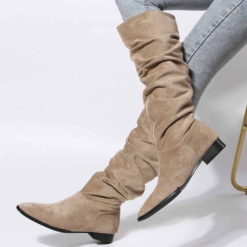 Damenschuhe Große Größe Mittellange Damen Lederstiefel Herbst und Winter Neue flache Sohle Spitzschuh Mode_voghion.com