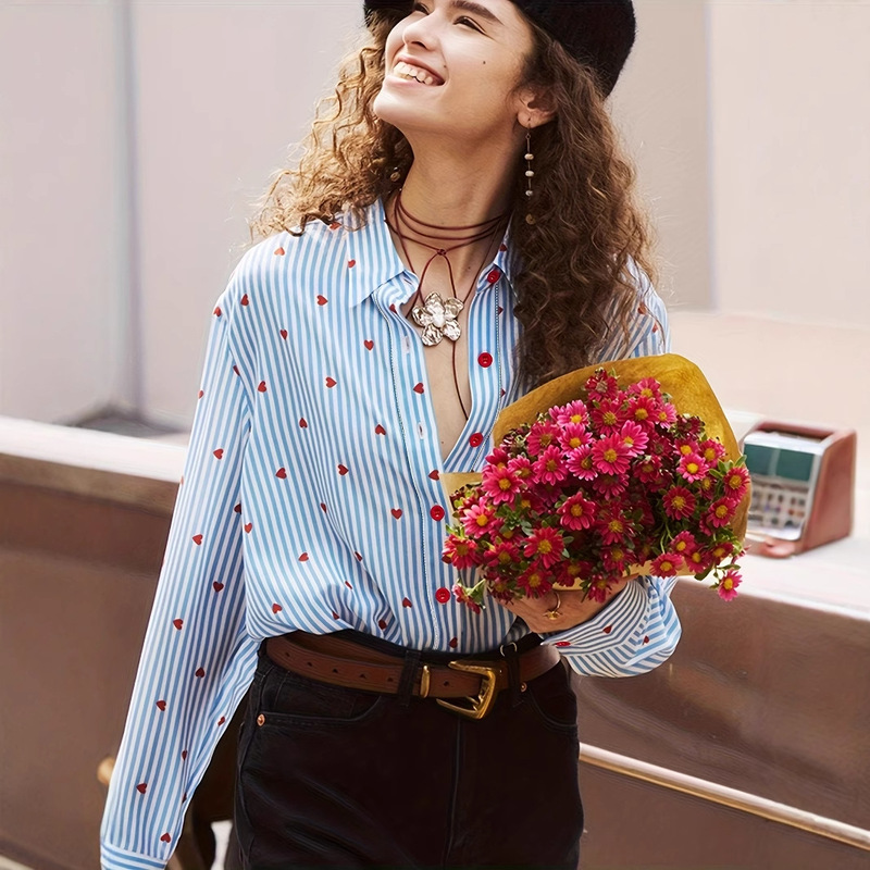Women's Clothing 2025 Women's Clothing Cross-Border Foreign Trade Wholesale New Love Flower Long-Sleeved Shirt Lapel Elegant Top