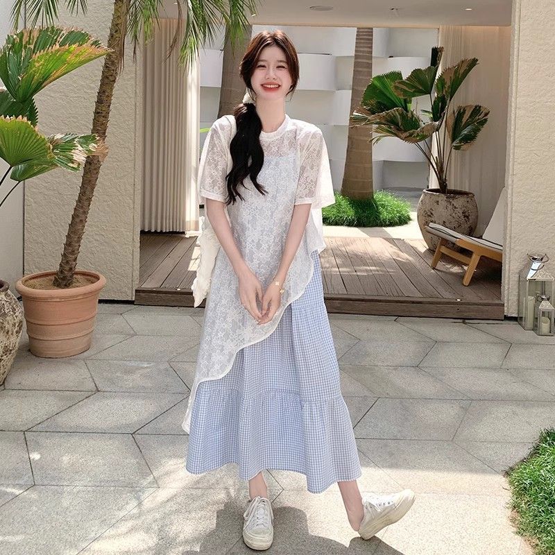小清新蕾丝罩衫格子吊带连衣裙套装女2025夏季新款韩系甜美两件套|undefined