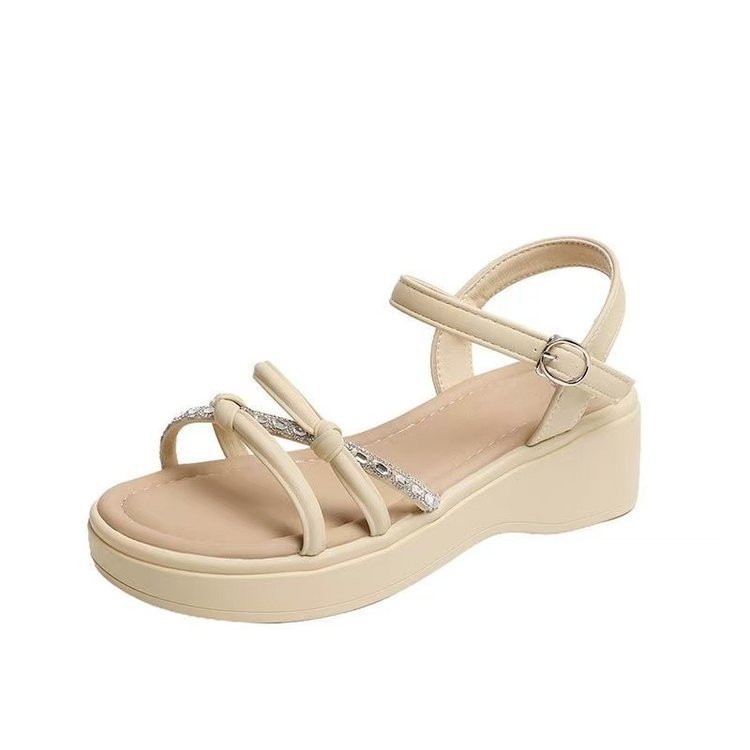 El viento de hadas aumenta la altura de la parte inferior antideslizante 06 nuevo estilo de verano versátil de diamante dos zapatillas romanas suaves para mujeres