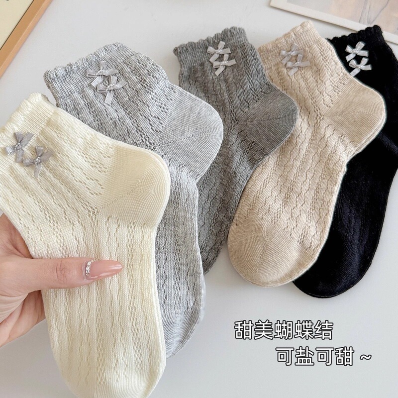 Women's Short Socks, Summer Thin Lace Mesh Socks with Small Bow, Hollow-Out Boat Socks, Breathable Versatile Socks