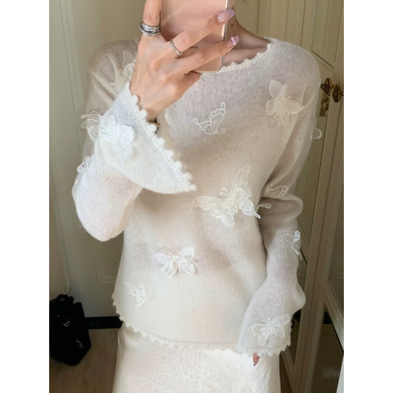 法式轻熟风立体蝴蝶刺绣毛衣女秋季新款气质温柔软糯针织上衣|undefined