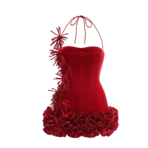 抹胸连衣裙女装名媛生日礼服裙重工立体玫瑰鱼骨收腰蓬蓬红色裙子