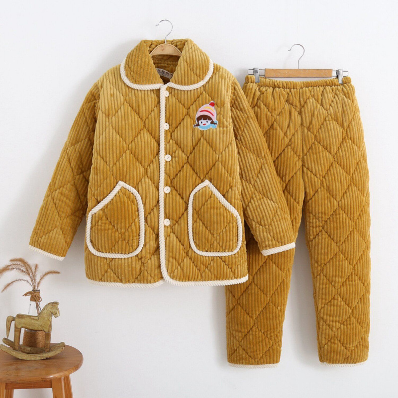 Women's pajamas autumn and winter style coral velvet three-layer cotton pajamas for women in winter thickened flannel flannel home clothes for women