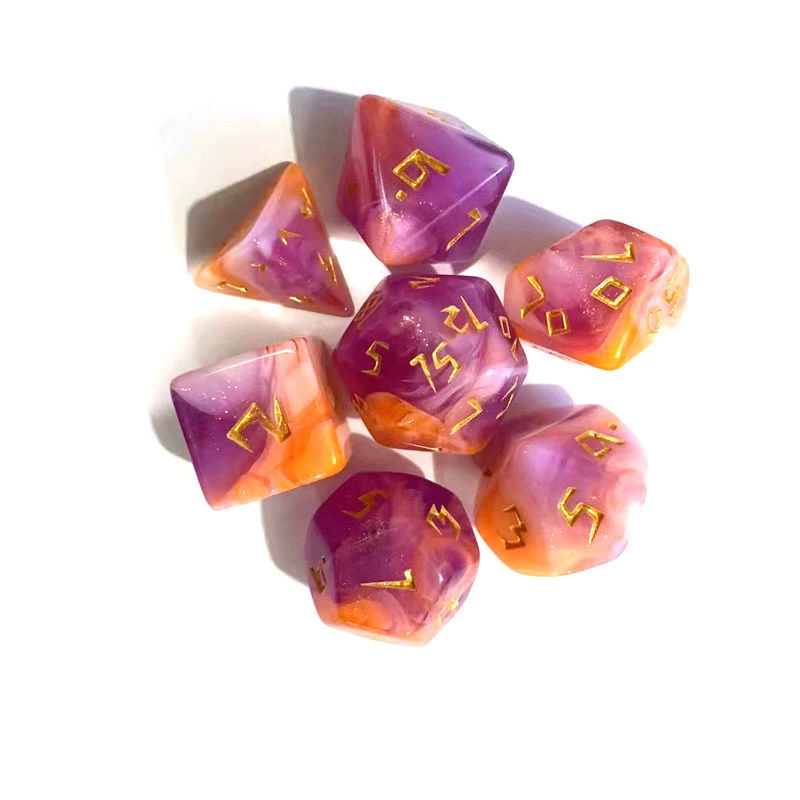 7‑piece polyhedral dice set, tricolor chameleon finish, standard DnD kit (d20–d4), multi‑color