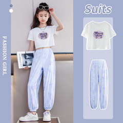 夏季女童寬鬆休閒套裝女生時尚潮範字母印花短袖渲染休閒褲兩件套