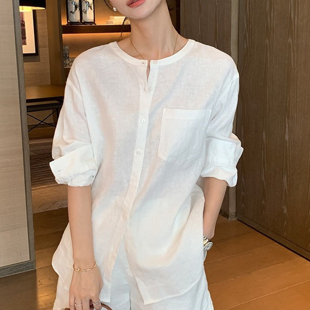 [French Linen] Round Neck Long Sleeve Full Linen Shirt Women's Summer Old Money Relaxed Loose Collarless Sunscreen Shirt