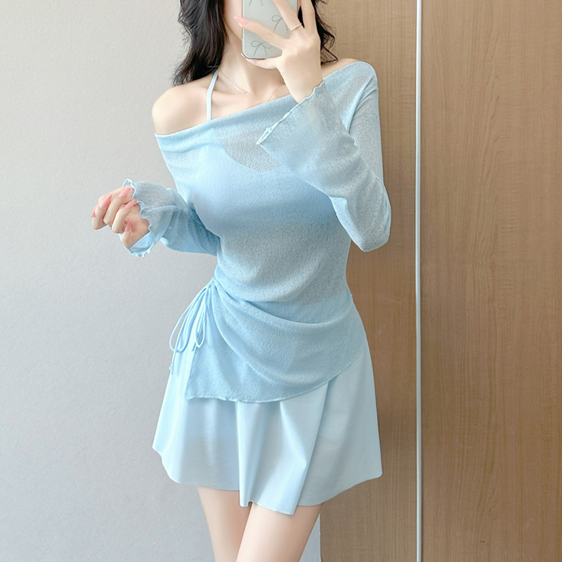 Women's Summer Long-Sleeved Bikini Cover-Up Three-Piece Set, Sexy Slimming Conservative Swimwear for Hot Springs