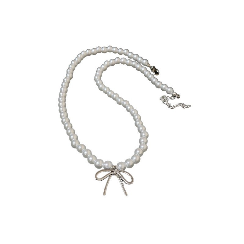 Collar de perlas con lazo de flor con cuentas francesas Elegante cadena de clavícula con sentido de alta gama retro ligero decoración de lujo femenino