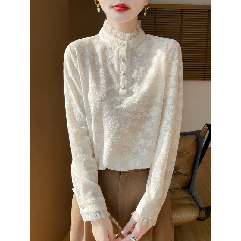 Lace Blend Knitted Base Shirt Women's Design Sense Semi-High Collar Thin Shirt Spring Slim-Fit Western Style Top