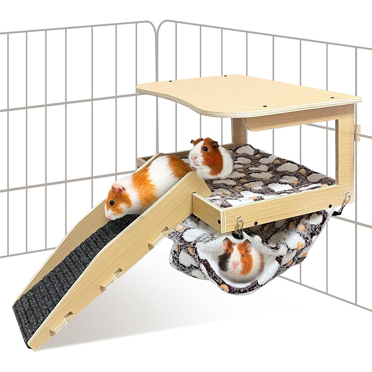 Guinea Pig Castle Wooden Guinea Pig Hideout with Stairs and Hammock Small Pet Wooden House Hamster Hammock Hamster Habitat