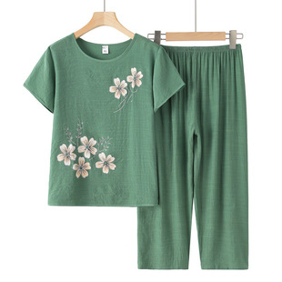 Grandma's Summer Suit Printed Middle-Aged and Elderly Mother's Short-Sleeved Cotton and Linen Loose Two-Piece Suit for the Elderly