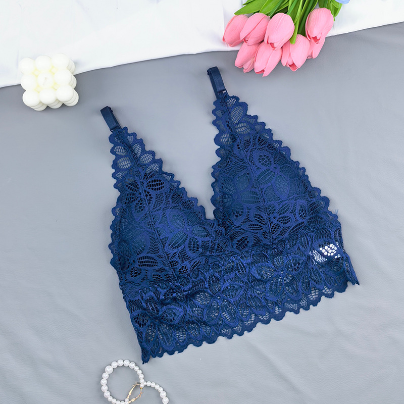 Bra de espalda francesa sexy de encaje de copa triangular envuelto en el pecho de la mujer sin marcas sin anillo de acero de la ropa interior del pecho