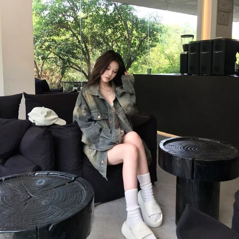 美式复古炸街牛仔外套女秋季新款宽松设计感水洗做旧工艺上衣质感|undefined