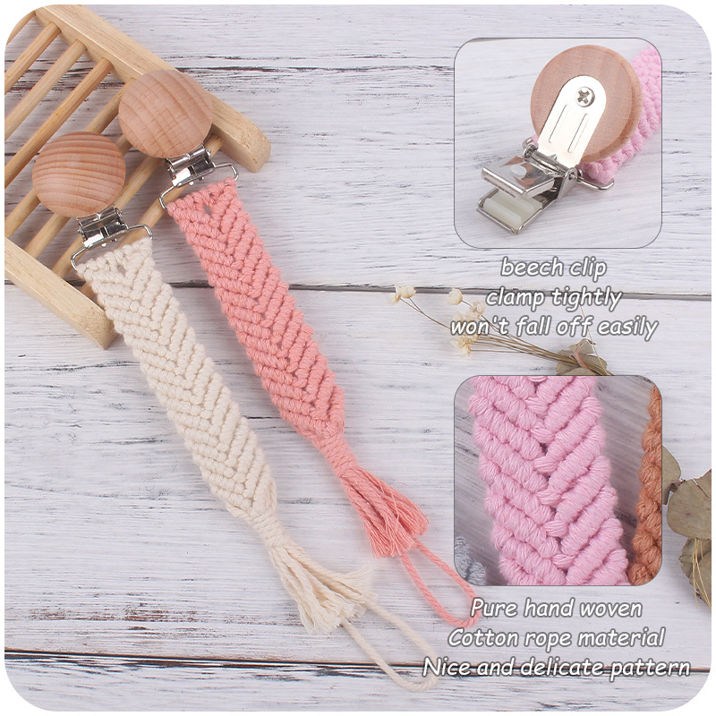 Bebé suministros de haya boca ancha boca pezón clip pezón cuerda DIY bebé creativo hecho a mano tejida algodón cuerda pezón cadena