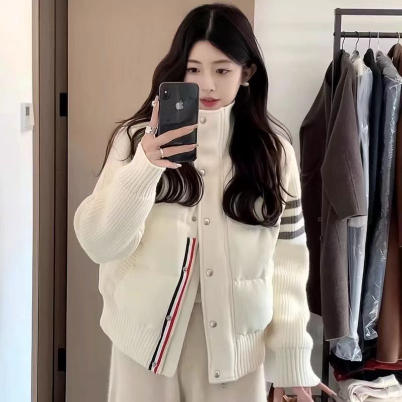 冬季新款运动韩版宽松短款立领女士加厚保暖纽扣纯色针织|undefined