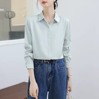 俏8608女士衬衫2026春秋季新款通勤纯色职业垂感长袖衬衣气质上衣