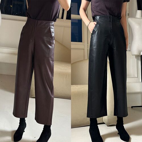 Fat mm slimming loose sickle pants autumn and winter new women's clothing protein leather fashionable casual nine-quarter leather pants